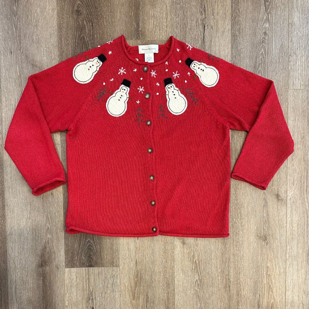 Vintage 90s Susan Bristol Holiday Christmas Snowman Sweater Cardiagan Size L